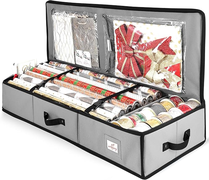Hearth & Harbor Wrapping Paper Storage Container - Christmas Storage Bag with Interior Pockets - Gift Wrap Organizer Fits Up to 22 Rolls of 40" - Tear Proof, Silver