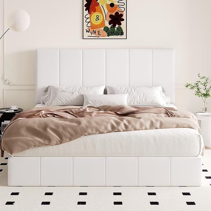 Allewie King Size Velvet Lift Up Storage Bed Frame, Vertical Channel Tufted Headboard, Hydrualic Underneath Storage, Upholstered Platform Bed, Wooden Slats Support, No Box Spring Needed, White