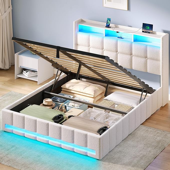 Rolanstar Bed Frame Full Size with Lift Up Storage, Charging Station & LED Lights, Upholstered Storage Headboard, Heavy Duty Wooden Slats, No Box Spring Needed, Noise Free, Easy Assembly, Beige