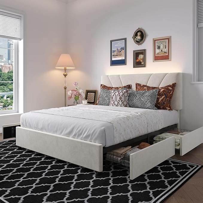 Novilla Full Size Bed Frame with Drawers, Full Size Bed Frame with Headboard, Full Bed Frame with LED Lights, Charging Station and Adjustable Headboard, No Box Spring Needed, White Velvet