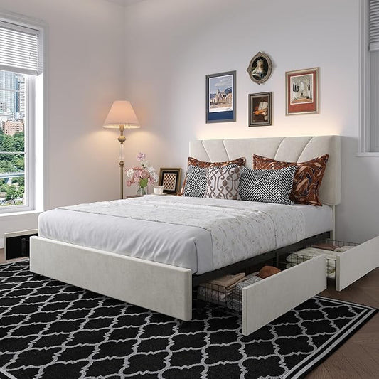 Novilla King Size Bed Frame with Storage Drawers, King Bed Frame and Headboard, King Bed Frame with LED Lights, Charging Station and Adjustable Headboard, No Box Spring Needed, White Velvet