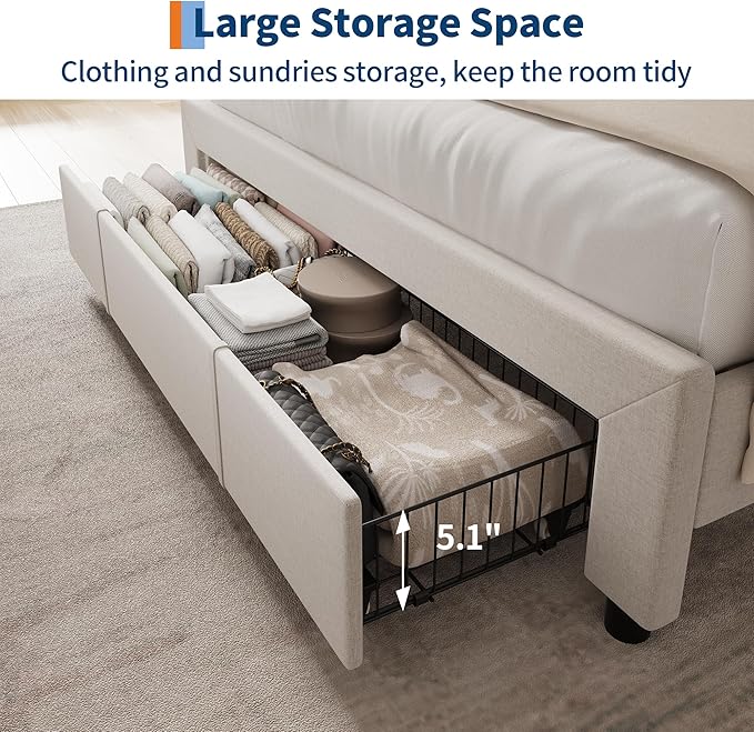 Garvee Upholstered Bed Frame Full Size with Storage Headboard and Charging Station, Platform Bed Frame with Drawers, Heavy Duty, No Box Spring Needed, Easy Assembly, Beige