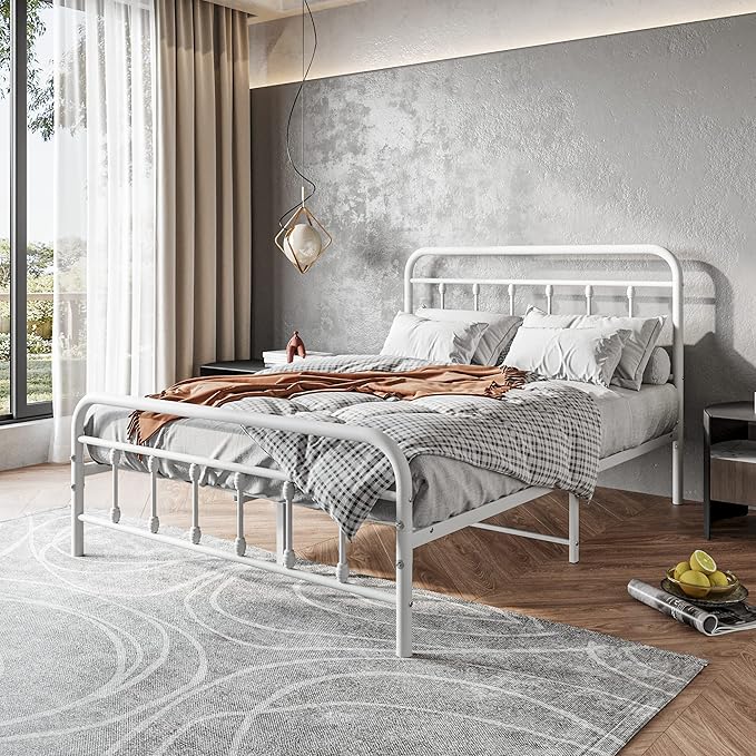 Vintage Full Size Bed Frame with Headboard and Footboard Mattress Heavy Duty Metal Platform Bed Frame Steel Slat Support (Full, White)