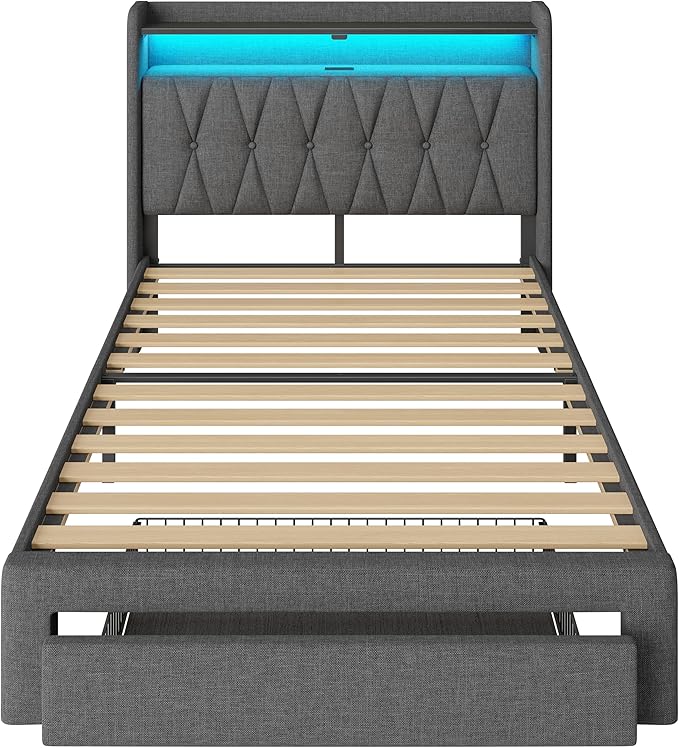 Rolanstar Twin Bed Frame with Drawer, Storage Headboard with Charging Station and LED Lights, Upholstered Bed with Heavy Duty Wood Slats, No Box Spring Needed, Noise Free, Easy Assembly, Dark Grey