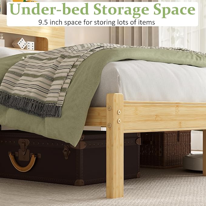 ZIYOO Full Size 12" Bamboo Bed Frame, Durable Platform Bed with Bamboo Outer Frame & Iron Slat Support, Stable & Noiseless Bed Foundation, Easy to Put Together