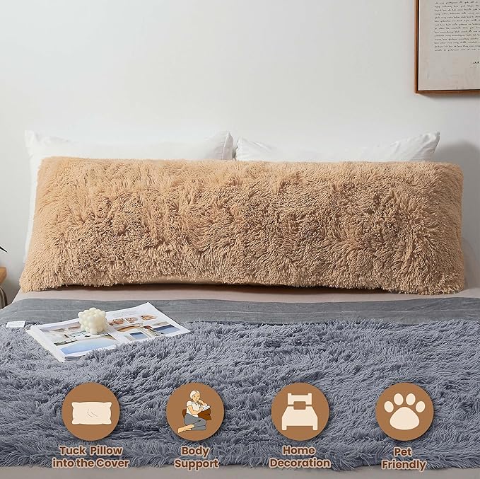 MEGO Shaggy Plush Body Pillow Cover, Camel Faux Fur Fluffy Body Pillowcase, 20x54 Fuzzy Full Body Pillow Case, Furry Long Big Throw Pillow Sham with Zipper for Home Bedding Couch Living Room Camel