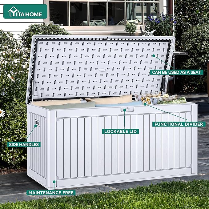 YITAHOME 320 Gallon Double-Wall Deck Box with Divider & Side Handles, Outdoor Large Storage for Patio Furniture Cushions, Garden Pool Accessories, Water Resistant & Lockable