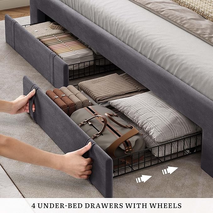 YITAHOME Queen Size Bed Frame with Adjustable Headboard, 4 Storage Drawers and RGB LED Lights, Velvet Upholstered Platform Bed with USB Ports, No Box Spring Needed, Fast Assembly, Noise-Free, Gray