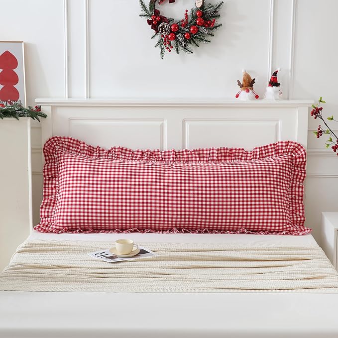 20x54 inches Red/White Gingham Body Pillow Sham 1 Piece, 100% Cotton Ruffled Vintage Pillowcase Farmhouse Body Pillow Cover for Bedding