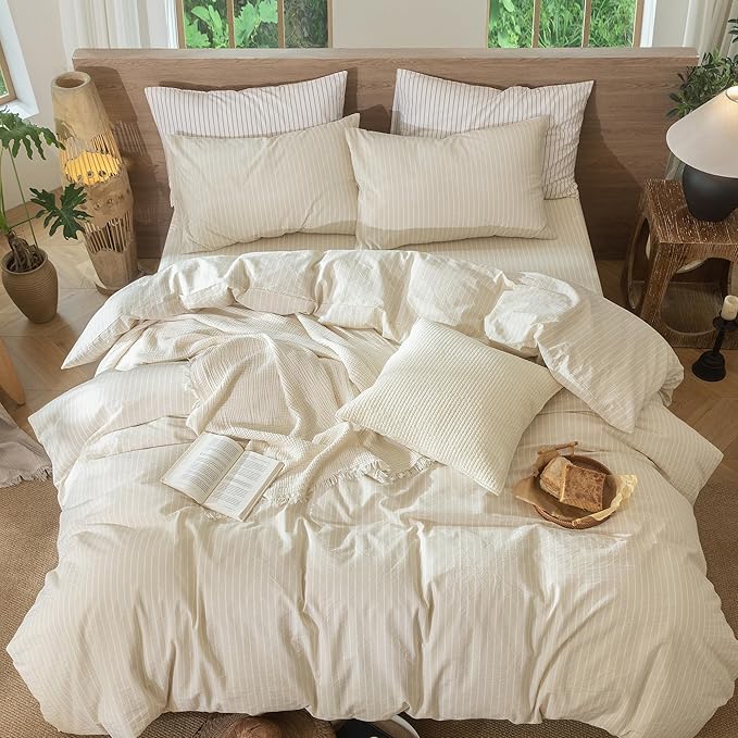 MooMee Striped Duvet Cover Set 100% Washed Cotton Linen Like Textured Breathable Durable Soft Comfy (Almond Milk Grey White Wide Stripes, King 104"x90")