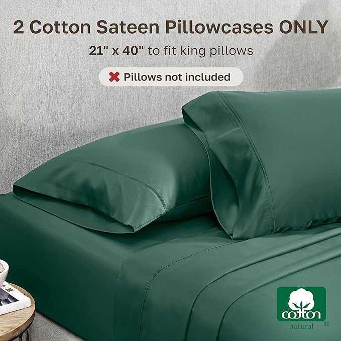 California Design Den King Size Pillowcase Set - 400 Thread Count, 100% Cotton Sateen, Set of 2 Pillow Covers, Soft and Breathable - Hunter Green