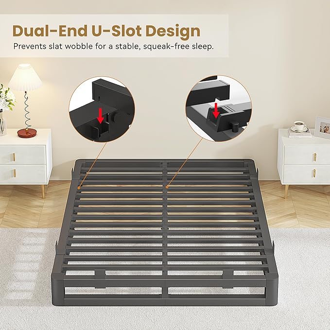 6 Inch Full Size Bed Frame with Rounded Corner and Squeak Free U-Slot Design, Metal Platform Bed Frames 6 Non-Slip Guards, 3500lbs Heavy Duty Steel Slat Support, No Box Spring Needed, Black