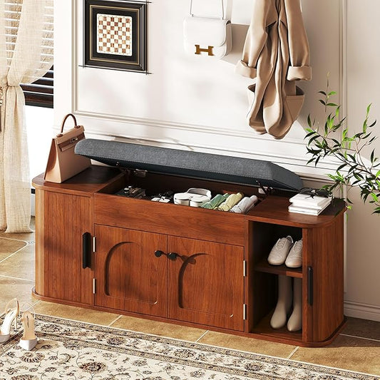 Einhomn 47.2'' Sliding Door Entryway Shoe Storage Bench with Seat Cushion, Shoe Rack with Lift-Top Hidden Storage & Adjustable Shelf, Bench for Bedroom End of Bed, Walnut
