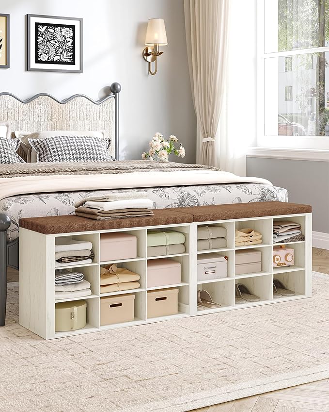 Hzuaneri Shoe Storage Bench with Cushion, Entryway Storage Bench with 18 Cubbies, 9.5" Widened Organizer Cabinet, Long Cubby Rack for Living Room, Bedroom, Entryway, White and Brown SB25714KA