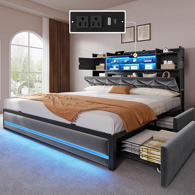 DWVO Queen Size Bed Frame with RGB LED Lights & Storage Bookcase Headboard, Upholstered Bed with Charging Station and 4 Drawers, No Box Spring Needed, Easy Assembly, Noise-Free, Velvet Grey