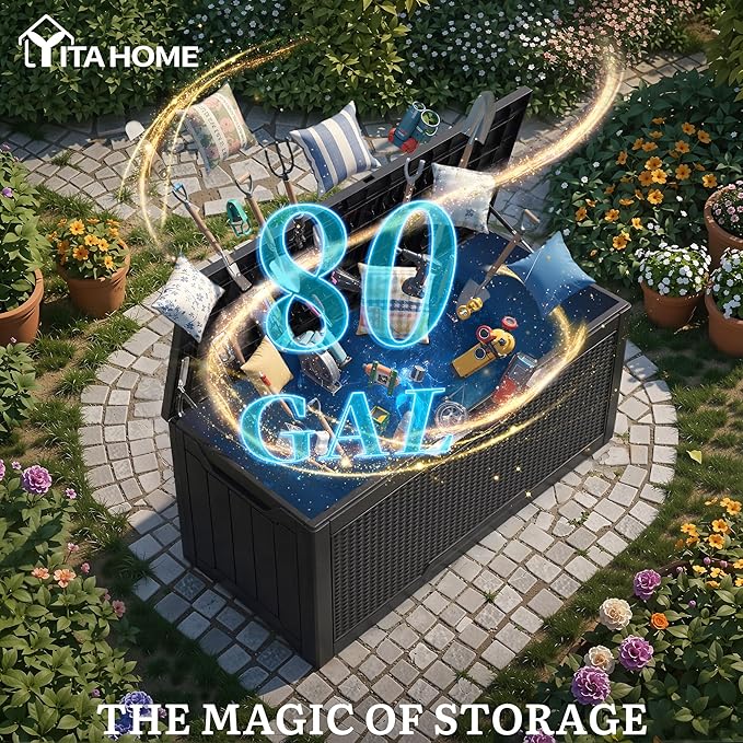 YITAHOME 80 Gallon Outdoor Storage Box, Large Water Resistant Resin Deck Box, Indoor Outdoor Lockable Rattan Storage Container for Patio, Garden, Cushions, Tools, Equipment (Black)