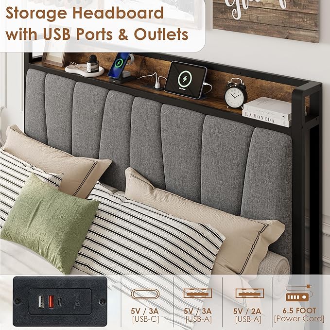 GAOMON Full Size Bed Frame with Storage Headboard and 2 Drawers, Linen Upholstered Platform Bed Frame with Charging Station, Heavy Duty, No Box Spring Needed, Easy Assembly, Noise Free, Grey&Brown