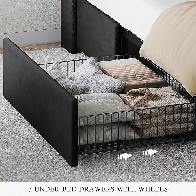 YITAHOME Queen Size Bed Frame with 3 Storage Drawers and RGB LED Lights, Velvet Upholstered Bed with Charging Station and Storage Headboard, No Box Spring Needed, Easy Assembly, Noise-Free, Black