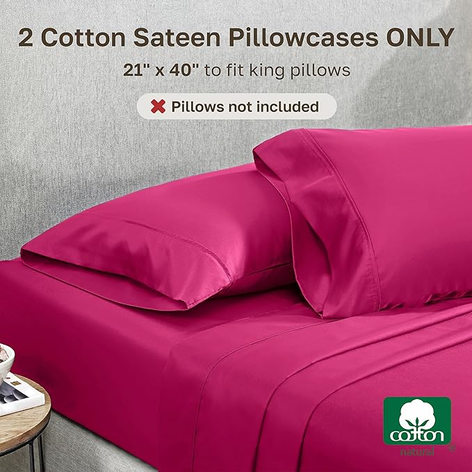 California Design Den King Size Pillowcases Set of 2-400 Thread Count Sateen, Natural 100% Cotton King Size Pillows Cases, Soft, Roomy and Breathable - Hot Pink
