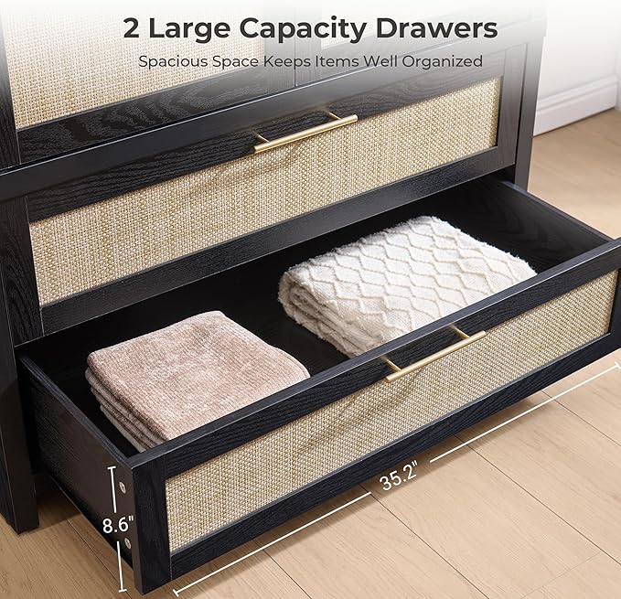 SICOTAS Armoire Wardrobe Closet, Larger Rattan Armoires Wardrobe Cabinet with 2 Large Drawers & Hanging Rod, Tall Closet Storage Cabinet for Cloak Room, Bedroom, Black Oak (3 Pieces)