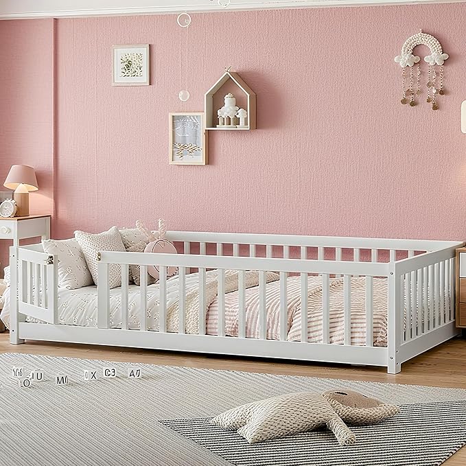 Bellemave Full Size Montessori Floor Bed Frame with Rails & Door, Solid Wood Kids Floor Bed Full with Removable Slats, Low Profile Montessori Bed for Children’s Sleep & Play, White