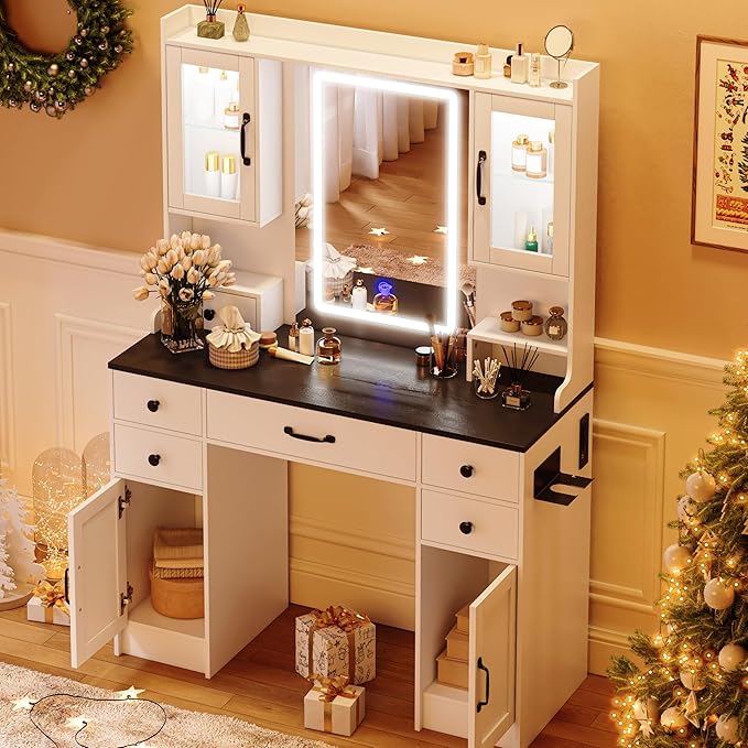 KAMABOKO Vanity Desk with LED Lights and Mirror, Large Makeup Vanity Table Set with 6 Drawers & 4 Cabinets & Power Outlet, 3 LED Lights Modes Adjustable