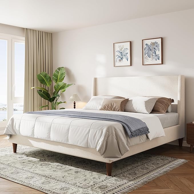 Merax Solid Wood King Size Boucle Bed Frame with Wingback Headboard, Modern Upholstered Platform with Walnut Wooden Legs, Strong Wooden Slats, No Box Spring Needed, Easy Assembly, Noise-Free, Ivory