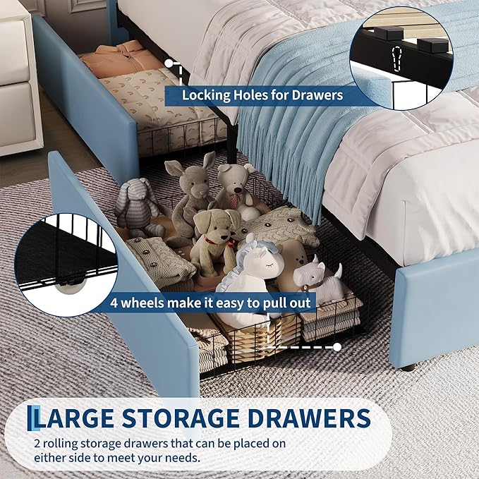 Garvee Twin Size Bed Frame with 2 Flexible Drawers, Velvet Upholstered Platform Bed Frame with Bookcase Headboard and LED Lights, Kids Bed for Boys, Easy Assembly, Noise Free, Blue