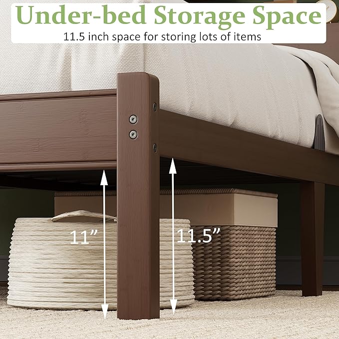 ZIYOO Full Size 14 Inch Walnut Bamboo Bed Frame, Durable Platform Bed Base with Strong Support Slats, Stylish Bed Frame for Bedroom, Dorm & Guest Room