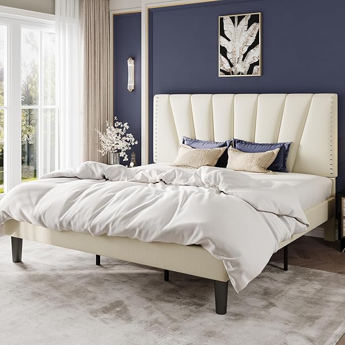 SHA CERLIN King Size Bed Frame with Adjustable Upholstered Velvet Rivets Headboard, Sturdy Wooden Slats, Strong Platform Support for Mattress, No Box Spring Needed, Easy Assembly, Cream