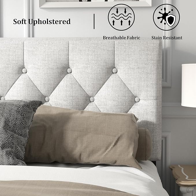 HAOARA Queen Size Platform Bed Frame with Upholstered Button Tufted Headboard, Mattress Foundation with Wooden Slat Support, Noise Free, No Box Spring Needed, Easy Assembly, Light Grey