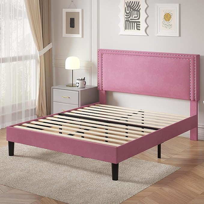 VECELO Full Size Platform Bed Frame with Height Adjustable Upholstered Headboard, Modern Mattress Foundation,Strong Wood Slat Support, No Box Spring Needed, Easy Assembly,Pink