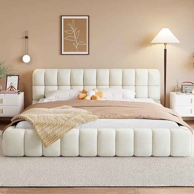 Merax Modern Tufted Platform Bed with Headboard King, Linen Upholstered Floor Bed Frame with Solid Frame, No Box Spring Needed, Beige