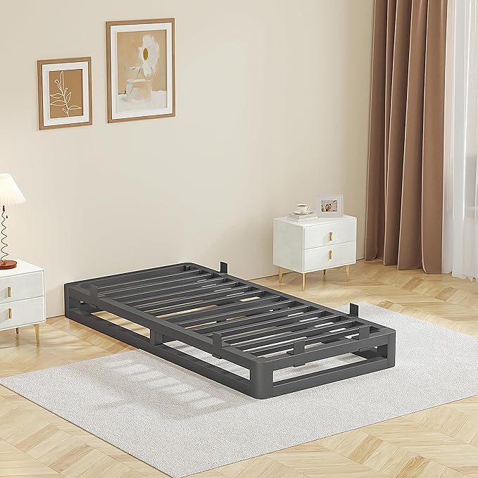 6 Inch Twin Bed Frames with Rounded Corner and Squeak Free U-Slot Design, Metal Platform Bed Frames 6 Non-Slip Guards, 3500lbs Heavy Duty Steel Slat Support, No Box Spring Needed, Black