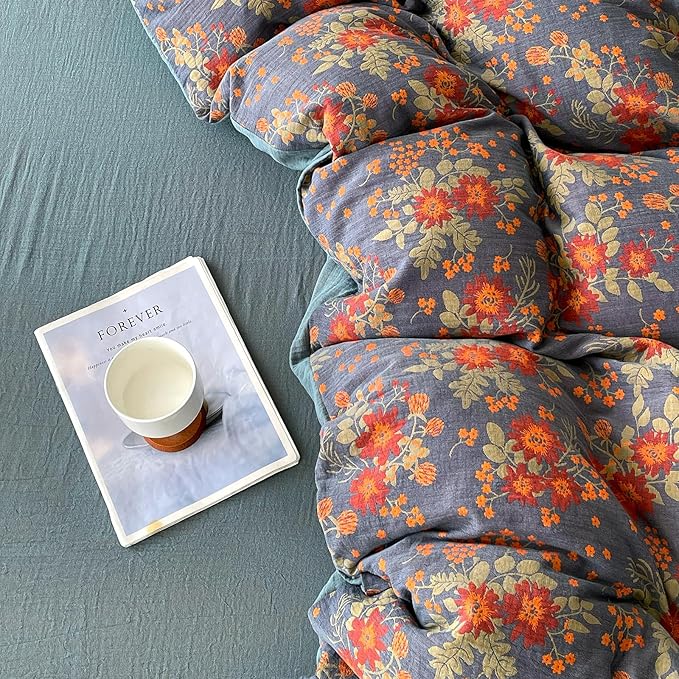 VM VOUGEMARKET Rustic Double Layer Gauze Jacquard Duvet Cover Queen, Dusty Slate Blue with Retro Orange Floral Print, Soft Breathable Boho Comforter Cover with Zipper&Ties