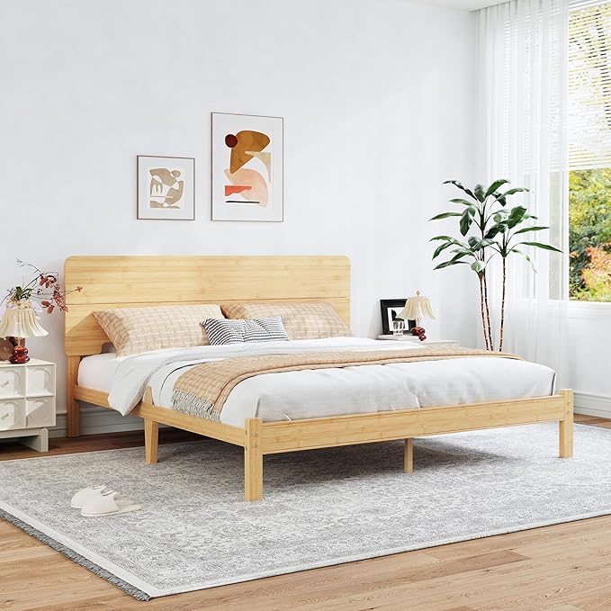 BOSRII 12in High Solid Bamboo Wood Platform King Size Bed Frame with Headboard, Reinforced Heavy Duty Metal Slats, Noise Free, No Box Spring Needed, Easy Assembly