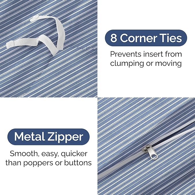 Duvet Cover Queen Size Set - Extra Soft Queen Duvet Cover 90" x 90" with 2 Pillow Shams - Hotel Luxury, Easy Care & Fade Free with Zipper Closures & Ties - Comfy, Cozy and Breathable (Blue Stripes)
