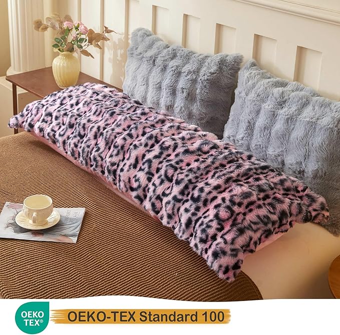 LIFEREVO Leopard Print Fluffy Faux Rabbit Fur Body Pillow Cover 20"x 54", Cheetah Print Waffle Bubble Bed Pillowcase with Zipper, Long Fuzzy Furry Body Pillow Case for Bedroom Pregnant Women, Pink