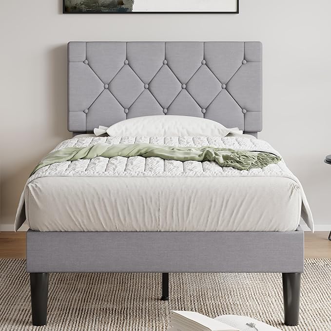 VECELO Twin Size Bed Frame with Button Tufted Headboard, Upholstered Platform Bedframe with Wood Slat Support, No Box Spring Needed, Velvet & White