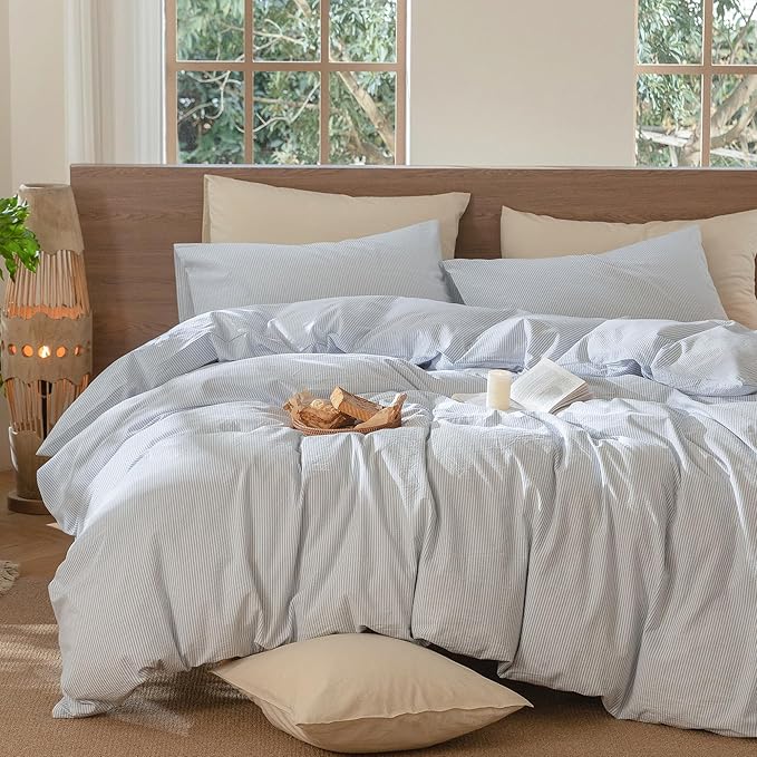 MooMee Striped Duvet Cover Set 100% Washed Cotton Linen Like Textured Breathable Durable Soft Comfy (Cornflower Blue White Pinstripes, Super King Plus 120"x120")