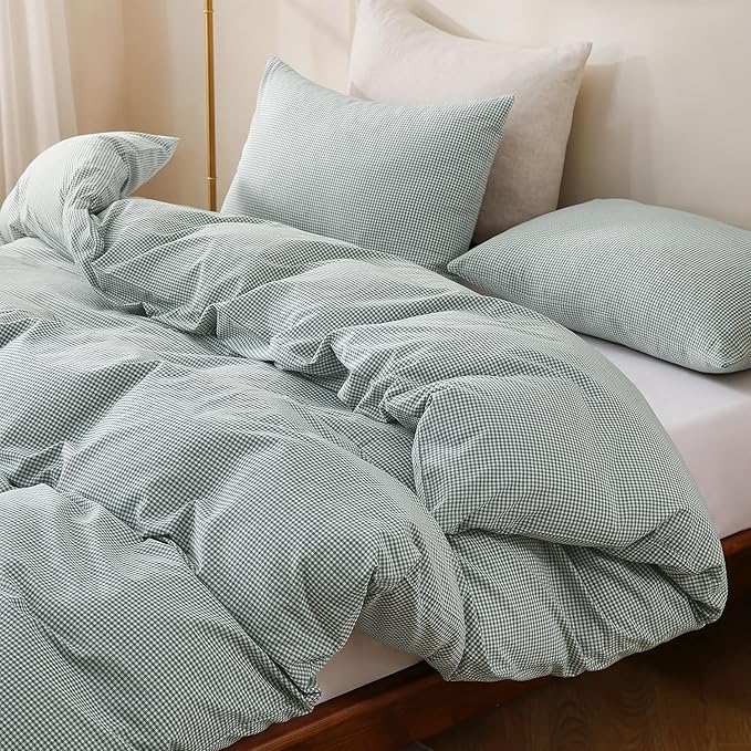 TOCOMOA Mini Gingham Green Duvet Cover Bedding Set 100% Washed Cotton Like Linen Feel Super Soft Comfortable 3 Piece Small Plaid Checkered Comforter Cover Set (King 104"x90", Comforter Not Included)