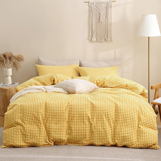 TOCOMOA Yellow Gingham Duvet Cover Bedding Set 100% Washed Cotton Like Linen Feel Super Soft Comfortable 3 Piece Vintage Plaid Checkered Comforter Cover Set (Queen 90"x90", Comforter Not Included)