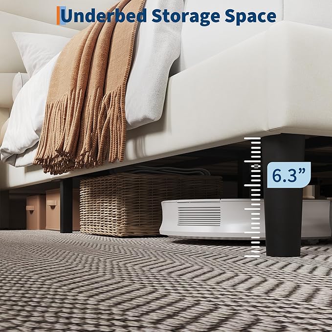 IDEALHOUSE Queen Size Upholstered Platform Bed Frame with Ergonomic Headboard, Beige Soft Fabric, Heavy Duty Wooden Slats, Noise-Free, 6.3" Underbed Storage, No Box Spring Needed, Easy Assembly