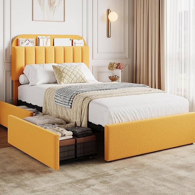 GarveeHome Twin Bed Frame with Storage Headboard, Kids Bed Frame with 2 Drawers, Boucle Upholstered Platform Bed with Bookcase, No Box Spring Needed, Easy Assembly, Yellow