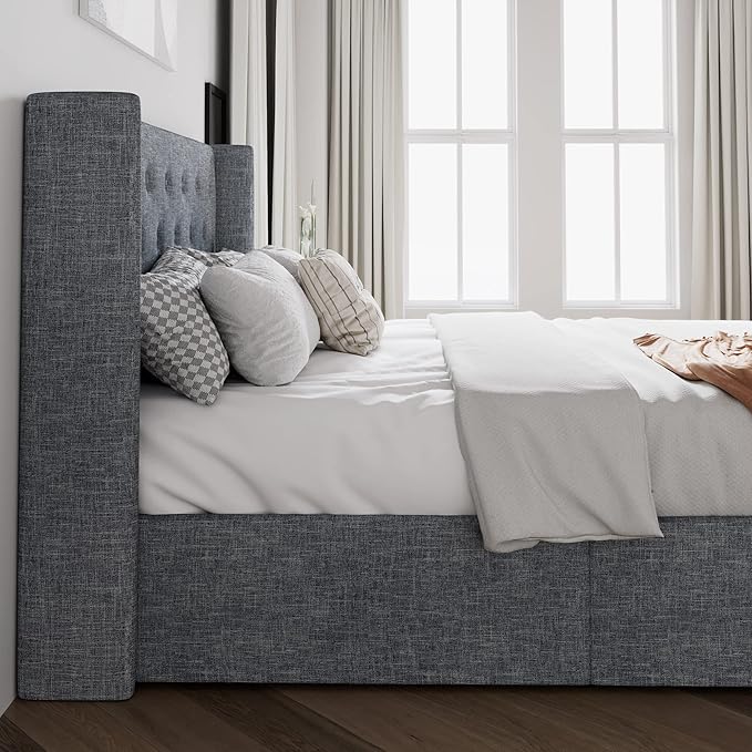SHA CERLIN Full Size Lift Up Storage Bed Frame,Button Tufted Wingback Headboard,Upholstered Platform,Hydraulic Storage,Wooden Slat Support,No Box Spring,Grey Blue