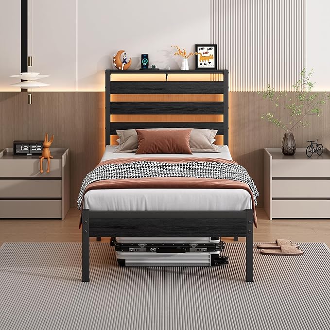 CLIBFENG Bed Frame Twin Size with USB Charging Station, LED Bed Frame with Wood Storage Headboard, Black Metal Platform Bed with Under Bed Storage, No Box Spring Needed, Noise Free