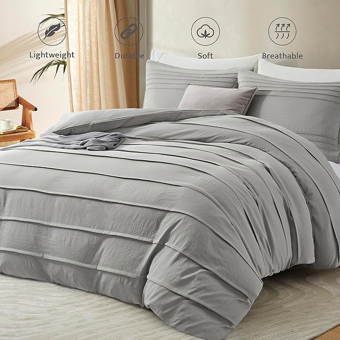 Oli Anderson Light Grey Duvet Cover Size - Pleated Queen Duvet Cover, 3PCS Soft and Breathable Textured Bedding Set with Zipper Closure(Light Grey,90"x90")