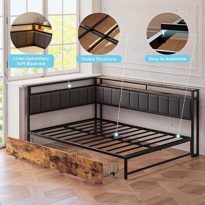 LIKIMIO Corner Bed Frame Full Daybed with Storage Drawers, Metal Platform Bed Frame with LED Light, Charging Station & Fabric Upholstered Fence, Black