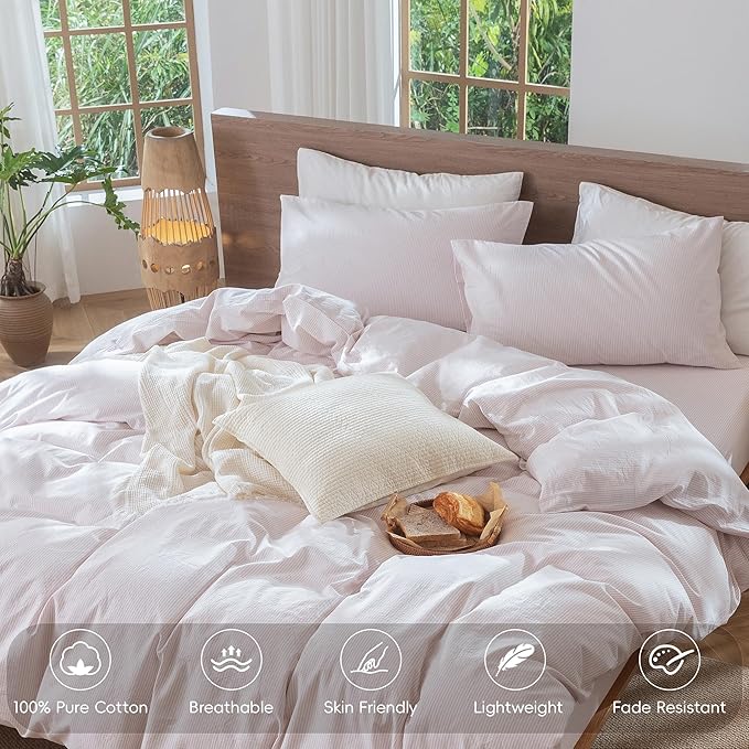 MooMee Striped Duvet Cover Set 100% Washed Cotton Linen Like Textured Breathable Durable Soft Comfy (Heathered Greyish Pink Pinstripes, King 104"x90")