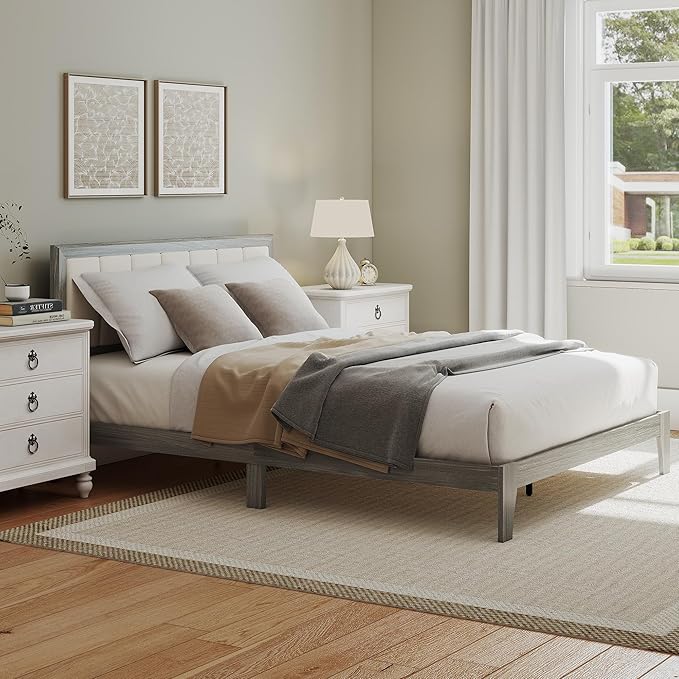 HOMCOM Queen Size Bed Frame with Upholstered Headboard, Platform Bed Frame with Wooden Slats, No Box Spring Needed, Easy Assembly, Gray